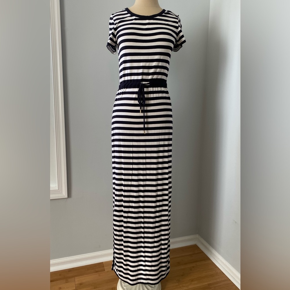 Michael Kors navy and white striped knit maxi dress